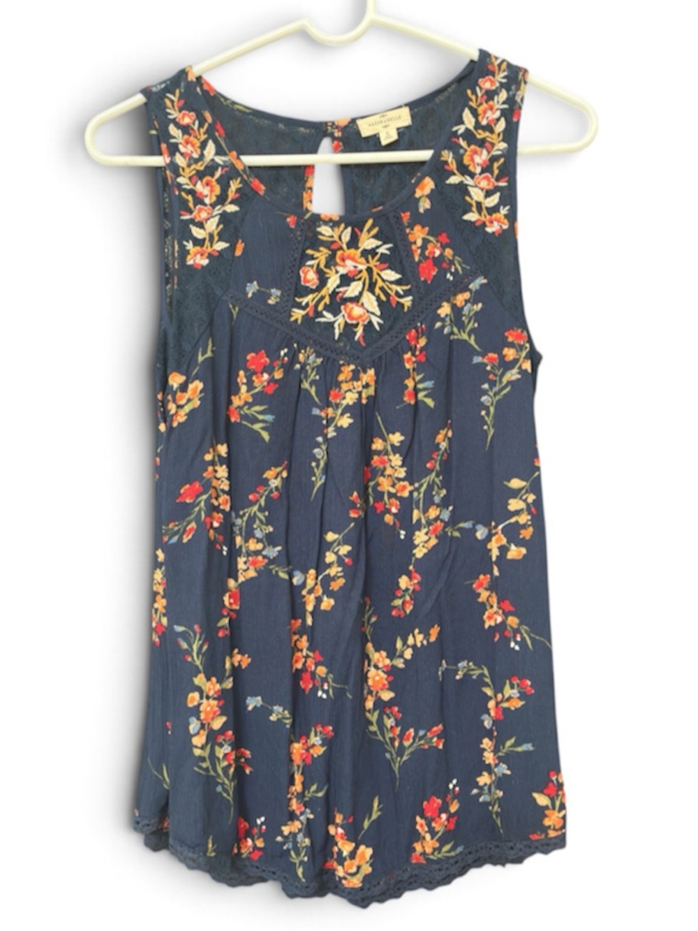 Sleeveless Floral Blouse in Blue & Orange w/ Lace Accents